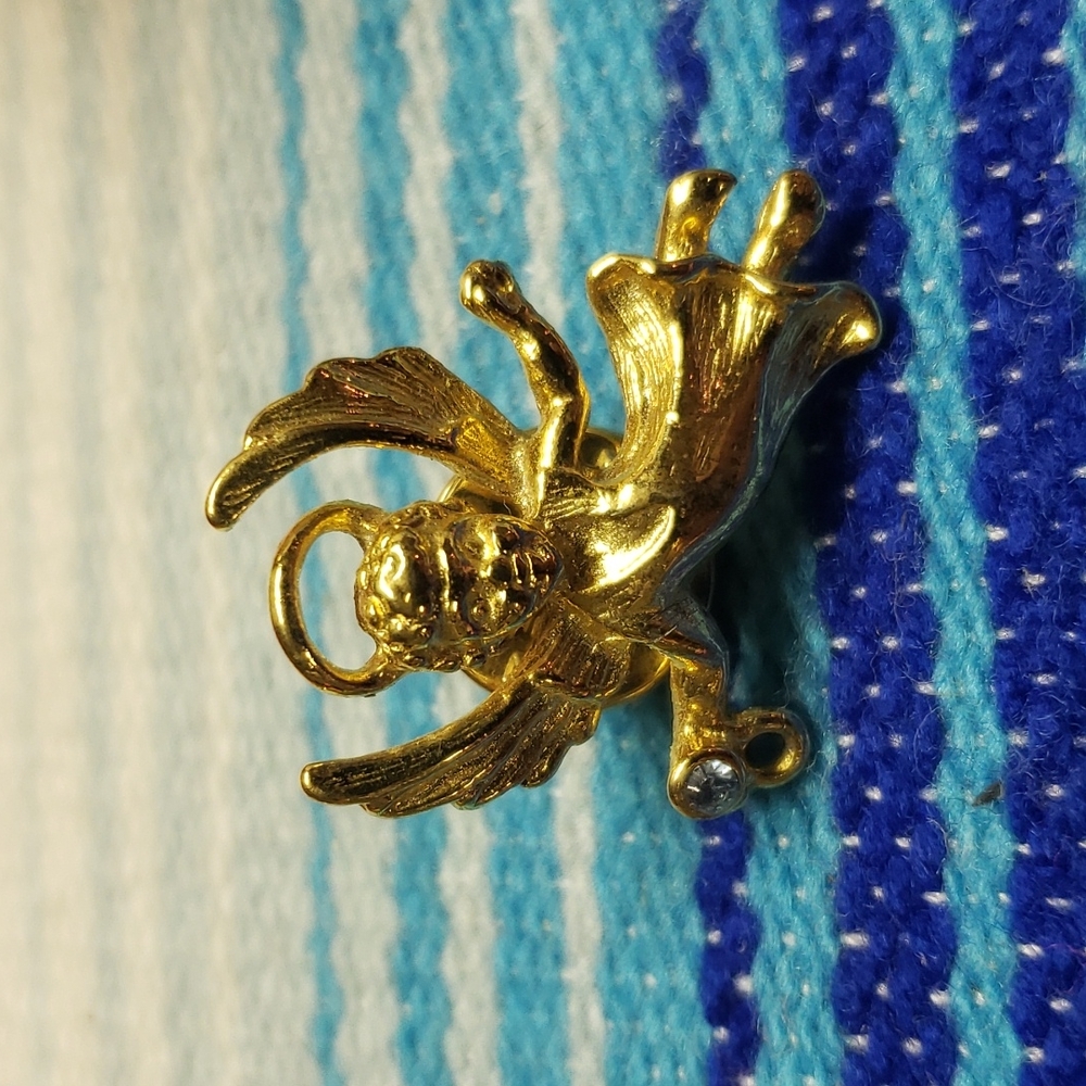 Ballou Angel Lapel Pin Tiny Brooch Gold Tone Blue Rhinestone